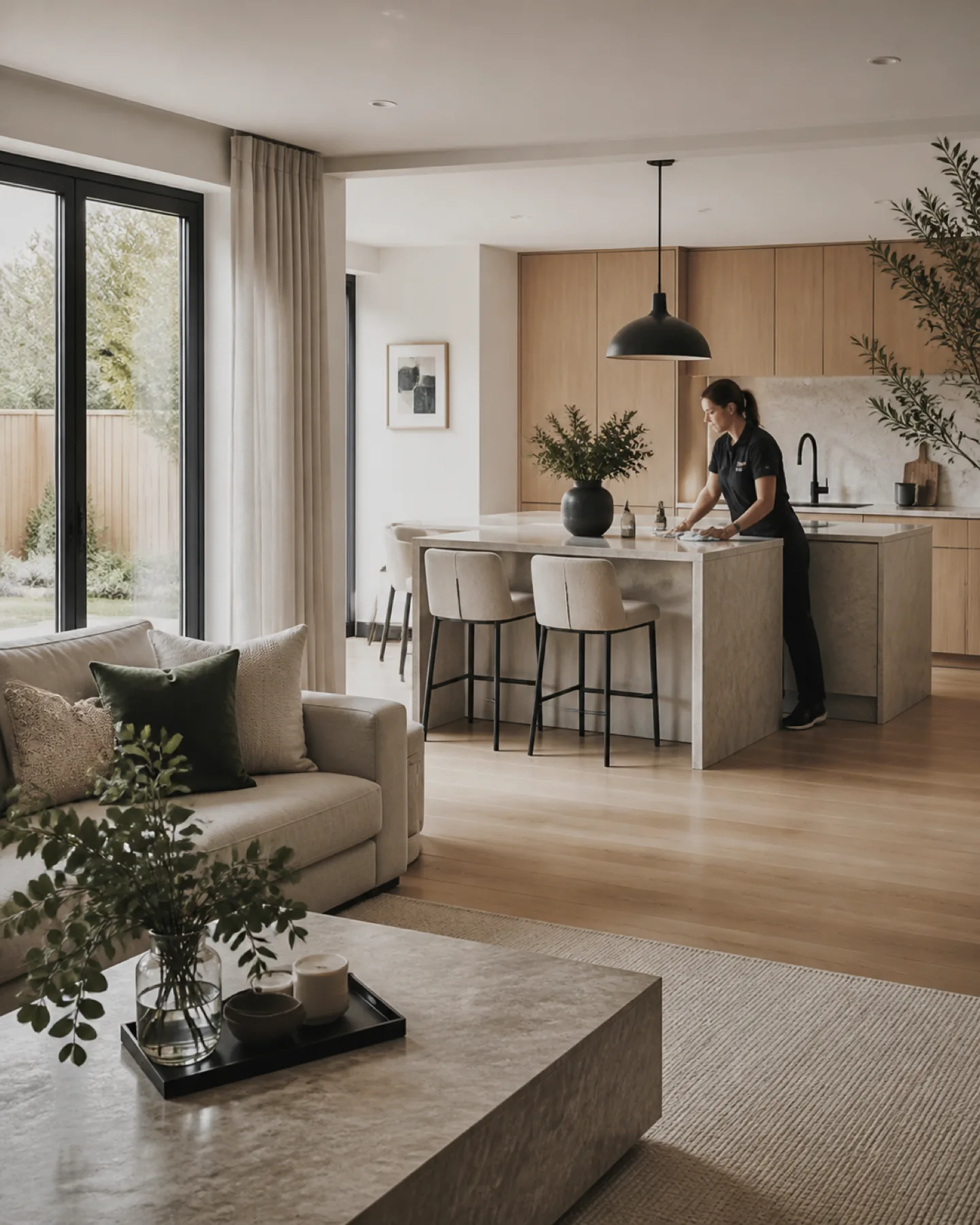 Professional cleaner carefully finishing a stone kitchen surface in a bright contemporary home