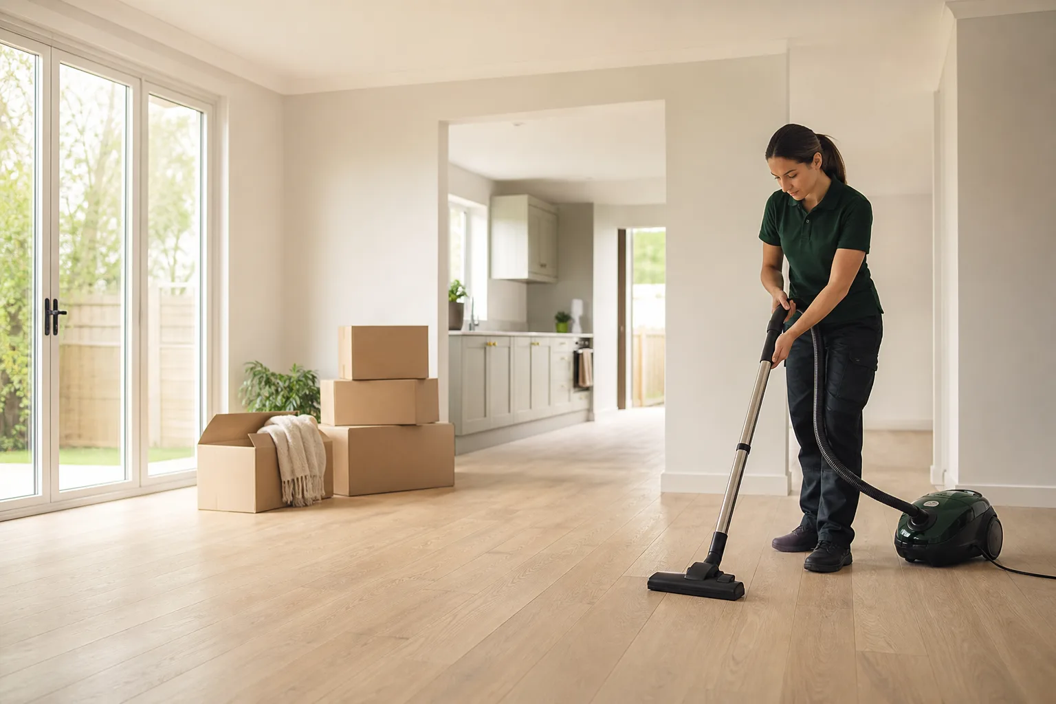 Cleaner vacuuming a bright, mostly empty home beside neatly packed moving boxes