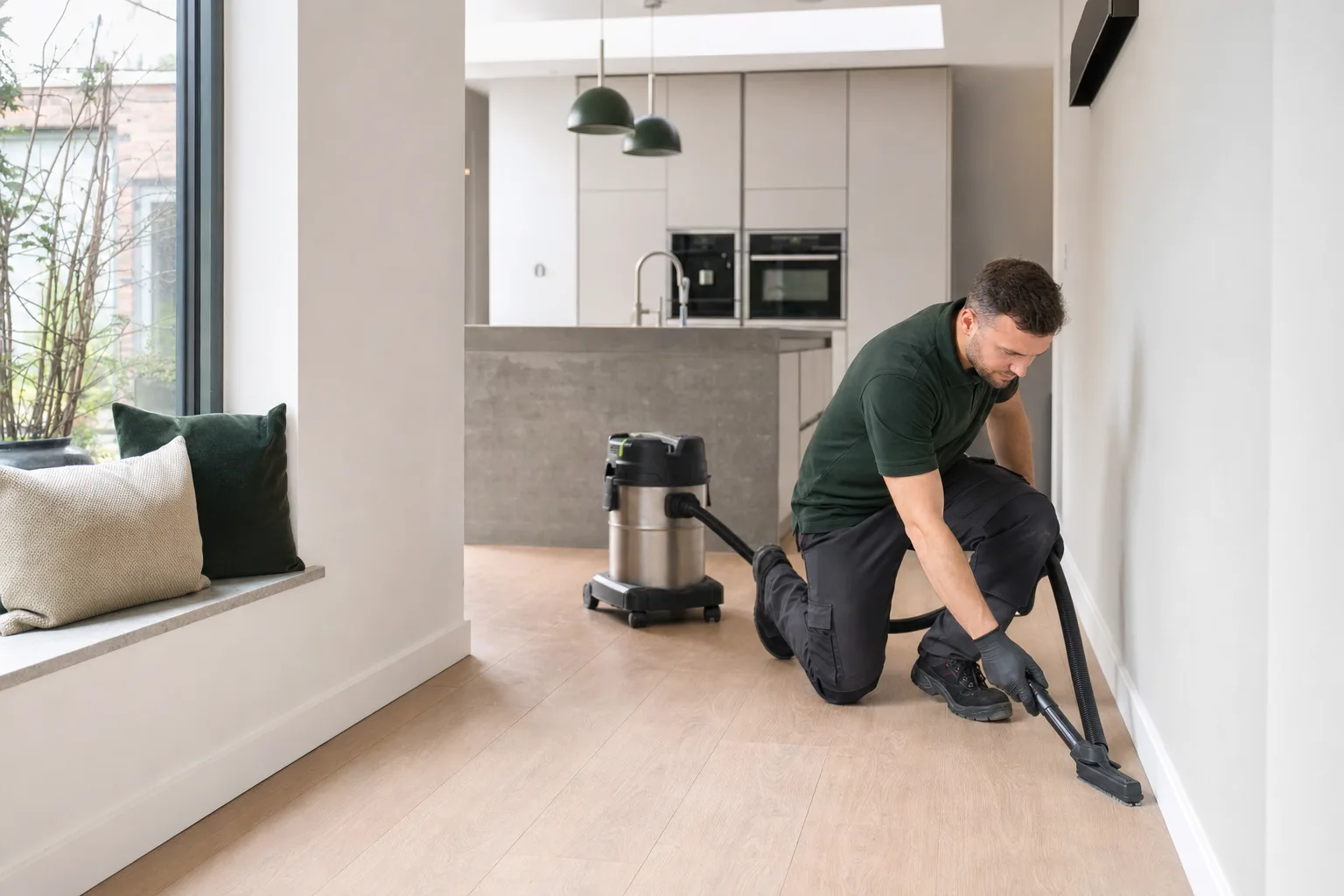 Cleaner vacuuming fine dust along the skirting of a newly renovated modern room